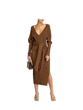 Good American Brown V-Neck Tie-Waist Midi Dress